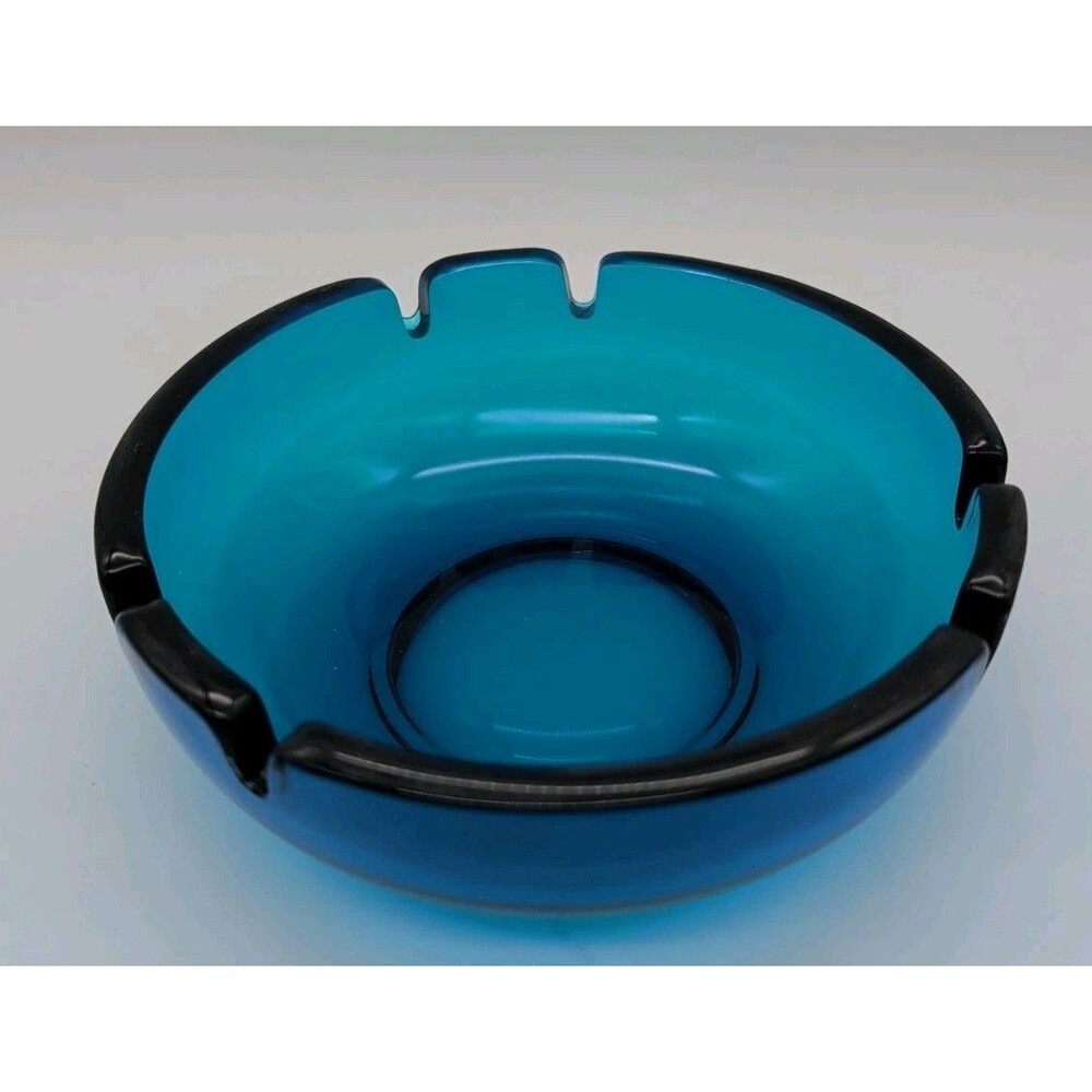 Vintage Viking Blue Glass Ashtray MCM Modern 6.5” Cigarette Smoking